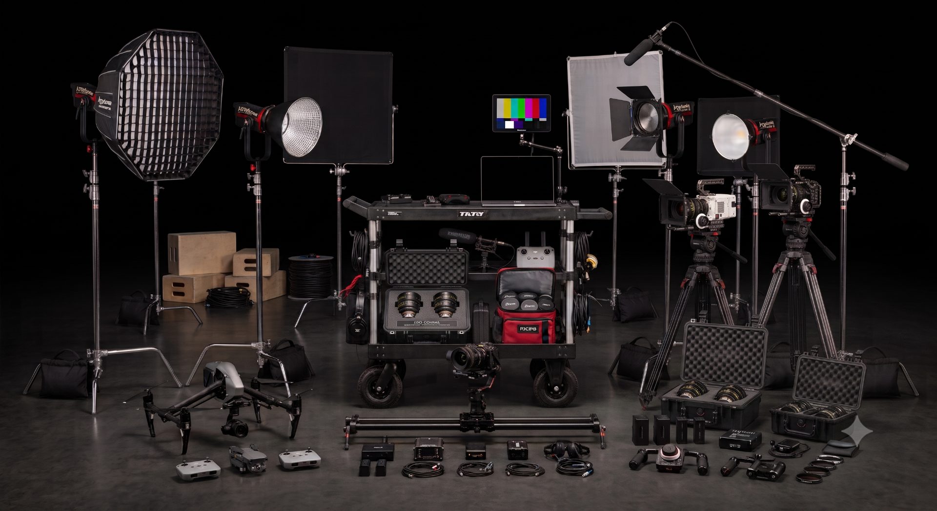 The NinjaWalk kit — cameras, lighting, sound and aerial — laid out in the studio